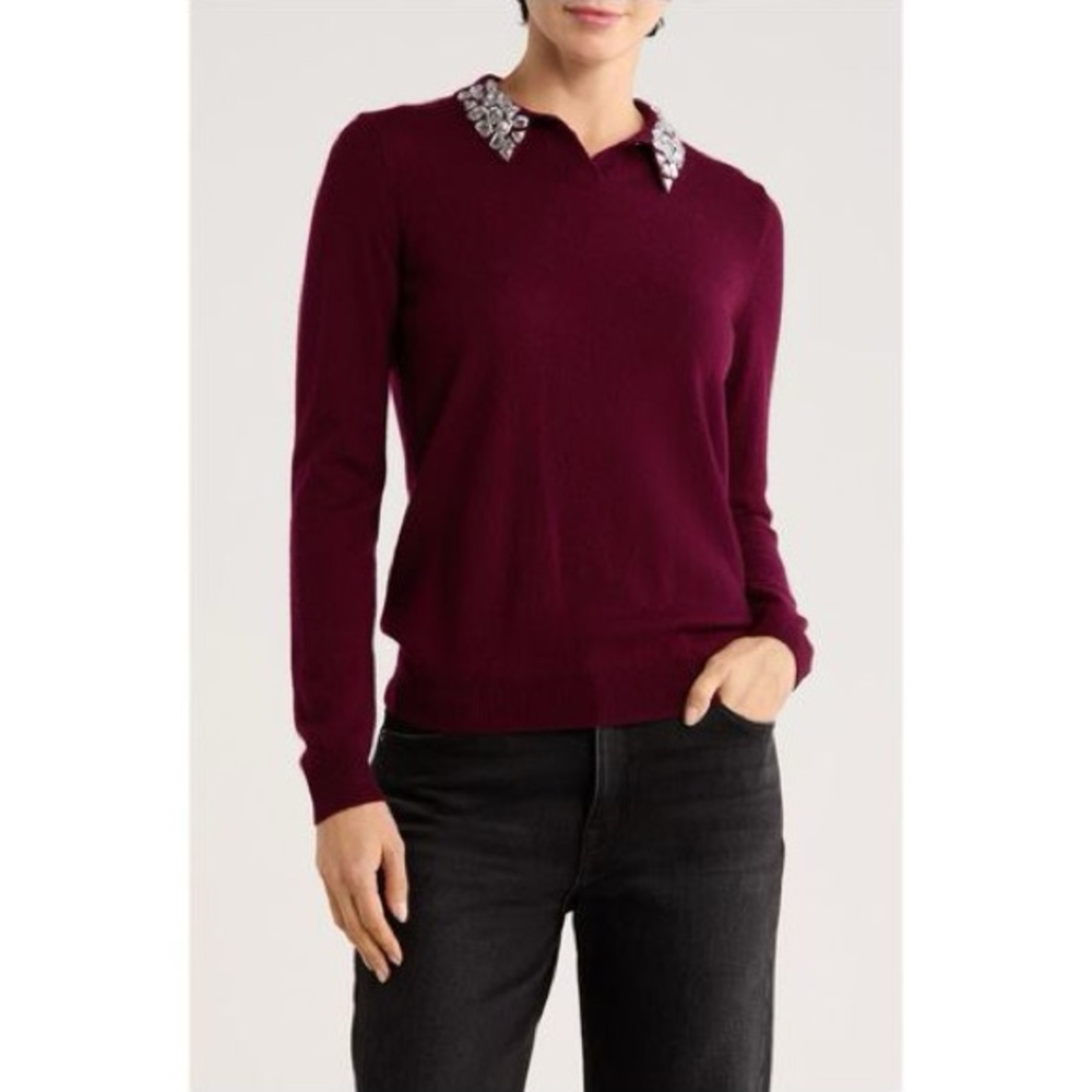 NWT Sioni Burgundy Dressy Knit Sweater Embellished Collar Elegant Casual Work